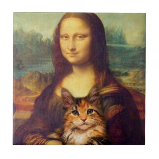 Carreau Mona Lisa tenant son animal de compagnie Léonard d