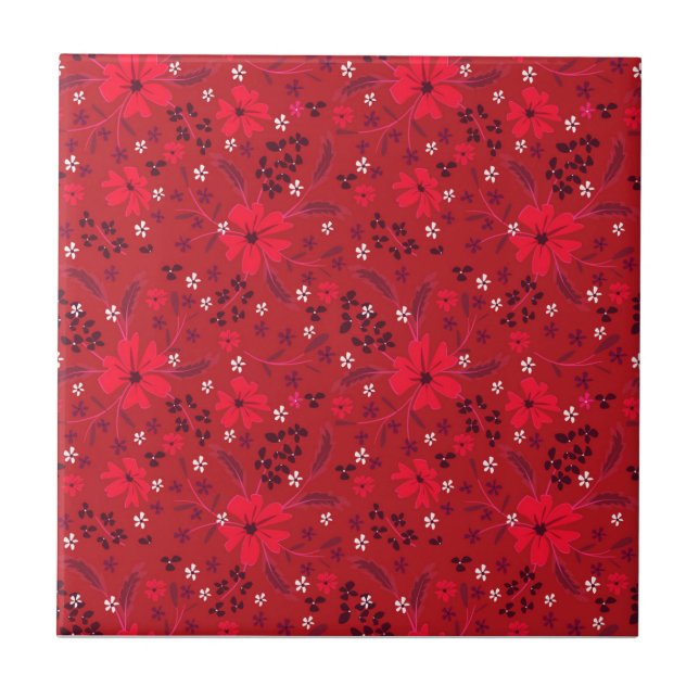 Carreau Monochromatic bright red retro floral pattern. (Devant)