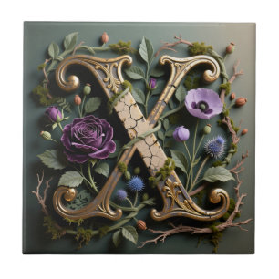 Carreau Monogramme Antique Floral Lettre X en Or