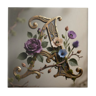 Carreau Monogramme Antique Lettre Fleurie A en Or