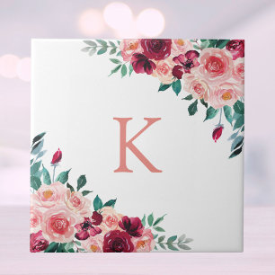 Carreau Monogramme Aquarelle Boho Rose Floral Rose Bourgog