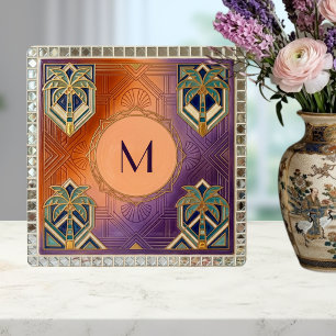 Carreau Monogramme Art Déco Palmier Orange Tropical