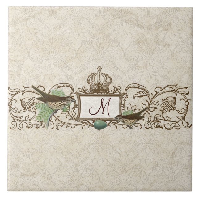Carreau Monogramme bleu de rouleau d'oiseaux d'oeufs (Devant)