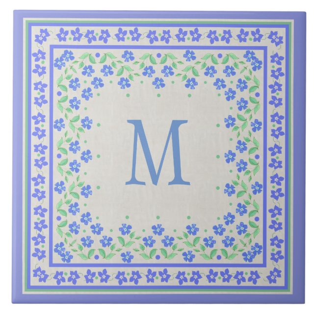 Carreau Monogramme Blue Periwinkkts Floral Bordure Faux Li