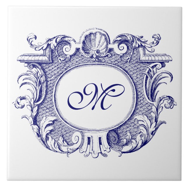 Carreau Monogramme cartouche cartouche baroque bleu et bla (Devant)