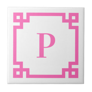 Carreau Monogramme de bordure de clé grecque rose chaud dé