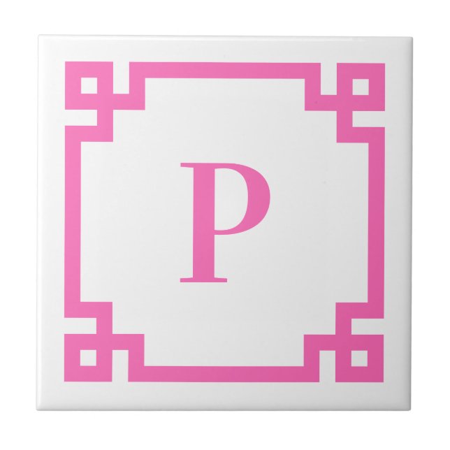 Carreau Monogramme de bordure de clé grecque rose chaud dé (Devant)