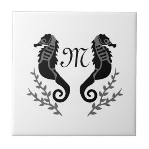 Carreau Monogramme de silhouette de cheval de mer noir