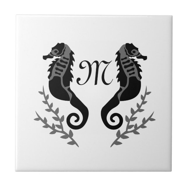 Carreau Monogramme de silhouette de cheval de mer noir (Devant)