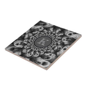 Carreau Monogramme Des Crânes Éffrayants Abstraits Noir Et