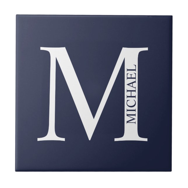 Carreau Monogramme et nom personnalisés bleu marine (Devant)