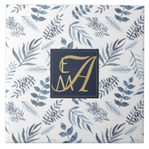 Carreau Monogramme feuilles et fougères botaniques bleu ma