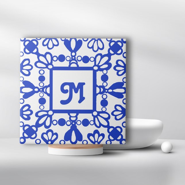 Carreau Monogramme initial de l'ornement bleu débrayé (Créateur téléchargé)
