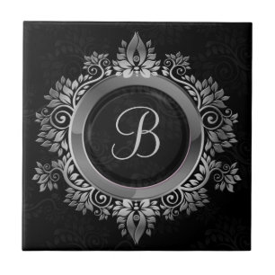 Carreau Monogramme initial simple noir et argenté élégant