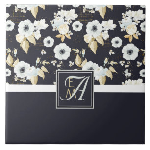 Carreau Monogramme Marine Bleu Blanc Floral Décor Anémone
