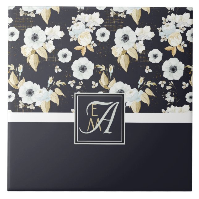 Carreau Monogramme Marine Bleu Blanc Floral Décor Anémone (Devant)