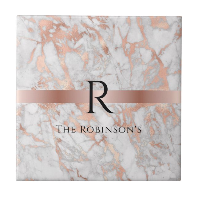 Carreau Monogramme noir et nom, marbre d'or blanc et Rose (Devant)