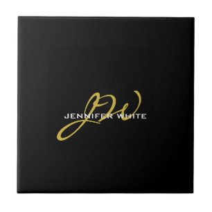 Carreau Monogramme Noir Or Couleur Plaque Moderne Nom prop