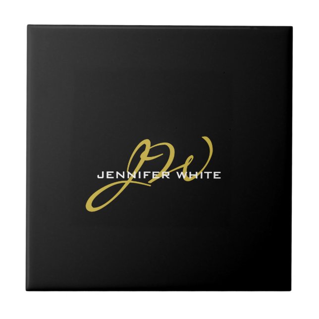 Carreau Monogramme Noir Or Couleur Plaque Moderne Nom prop (Devant)