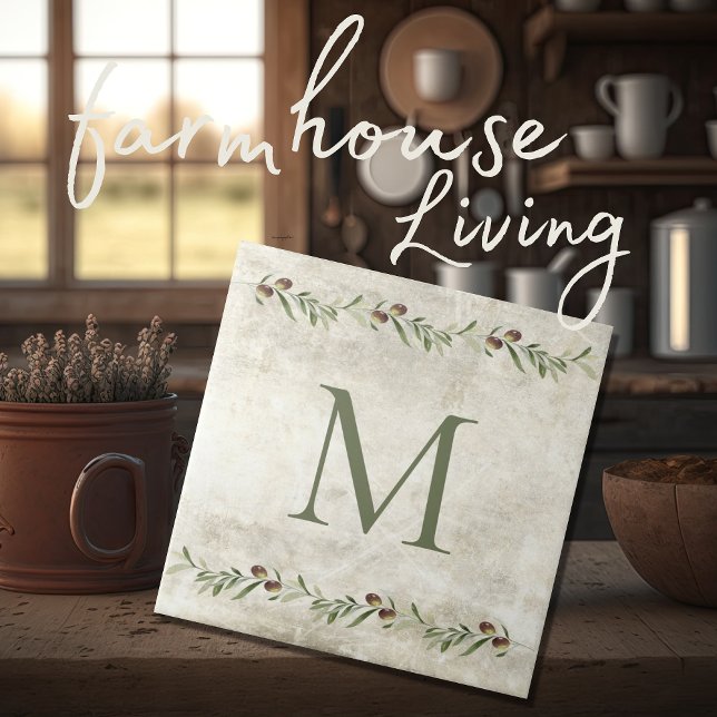 Carreau Monogramme Olive & Branches Rustique Personnalisé (Créateur téléchargé)