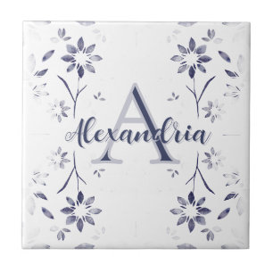 Carreau Monogramme Personnalisé Fleurs Bleues Nom