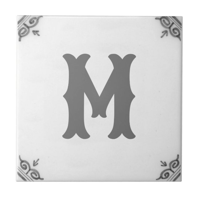 Carreau monogramme personnalisé noir et blanc Delft Tile (Devant)