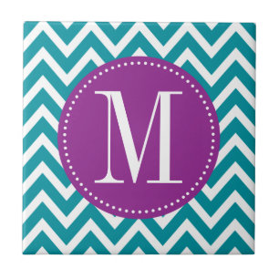 Carreau Monogramme personnalisé pourpre et bleu Chevron