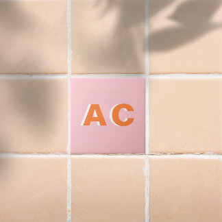 Carreau Monogramme retro personnalisé orange et rose