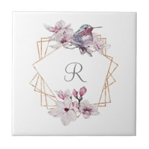 Carreau Monogramme rose blanc Magnolias Bird Gold Frame