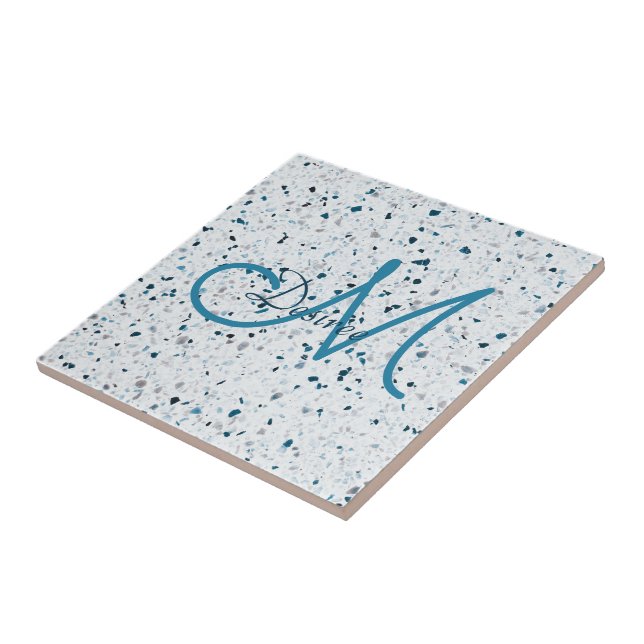 Carreau Monogramme Terrazzo Turquoise Bleu Vert Blanc Gris (Côté)