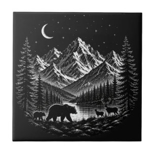 Carreau Montagne Mystique Nuit de Style Linogravure Sauvag