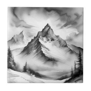Carreau Montagnes enneigées noir et blanc à l'aquarelle