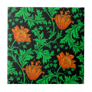 Carreau Morris Anemone Motif, orange, vert et noir