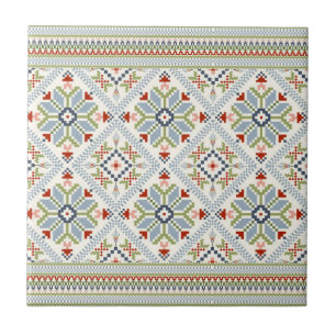 Carreau Mosaic bleu océan et rouge Floral