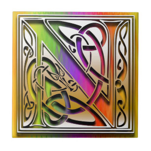 Carreau Mosaïque de monogramme personnalisé N Celbow Rainb