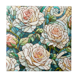 Carreau Mosaïque de roses blanches en verre teinté