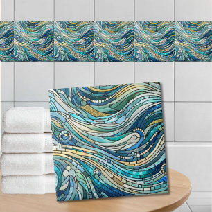 Carreau Mosaïque de teal de la mer des vagues Beaux-Arts