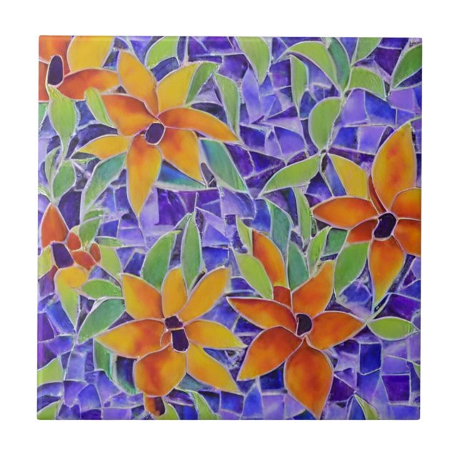 Carreau Mosaïque marocaine tuile violet orangé fleurs (Devant)