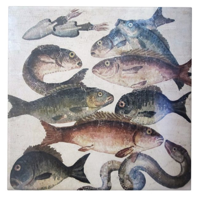 CARREAU MOSAÏQUES ROMAINES ANTIQUES, POISSONS, ESPACE DE V (Devant)