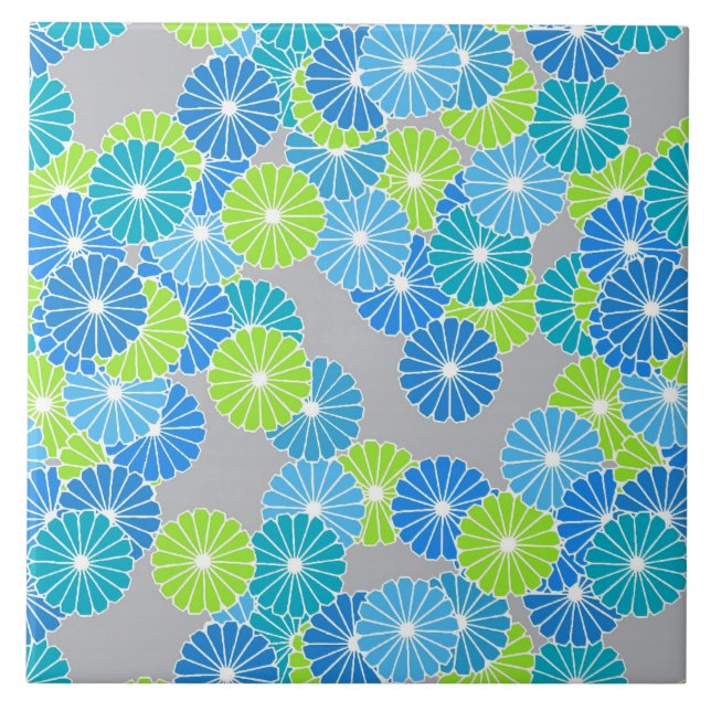 Carreau Motif à fleurs Art Déco - bleu et vert citron (Devant)