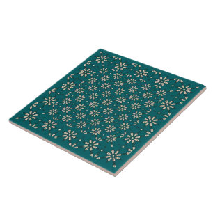 Carreau Motif à fleurs, Crème, Turquoise foncé : Carrelage