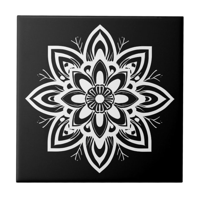 Carreau Motif à fleurs Mandala en noir et blanc (Devant)
