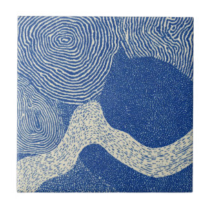 Carreau Motif Abstrait de Vague en Bois Bleu Blanc