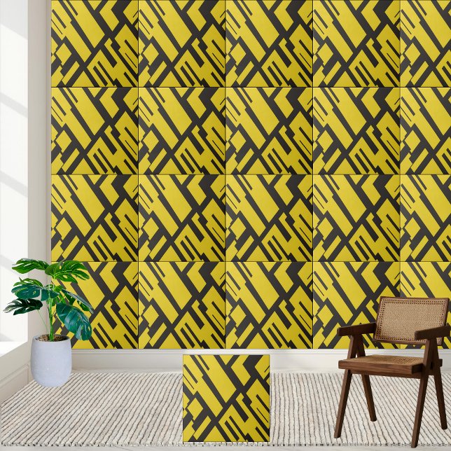 Carreau Motif Abstrait géométrique jaune et noir (Geometric Yellow and Black Abstract Pattern Ceramic Tile)