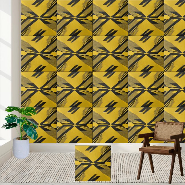 Carreau Motif Abstrait géométrique noir et jaune (Abstract Geometric Black and Yellow Pattern Ceramic Tile)