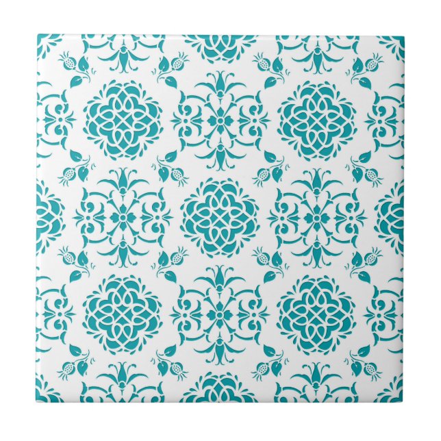 Carreau Motif Aqua et blanc de Damas florales (Devant)