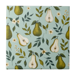 Carreau Motif aquarelle de poire verte sur bleu poussiéreu