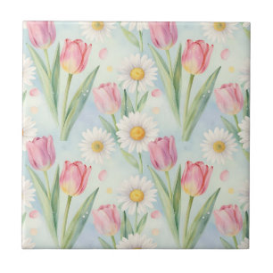 Carreau Motif aquarelle de printemps à la pâquerette et tu