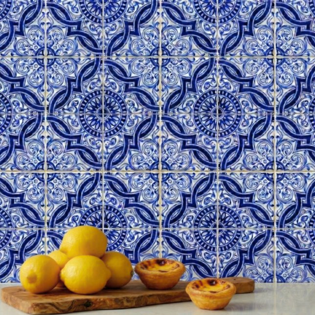 Carreau Motif authentique d'azulejo méditerranéen bleu bla (A vintage azulejo blue + white tile pattern to add brightness, personality + elegance to your space.)