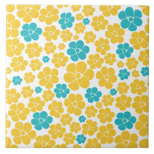 Carreau Motif aux fleurs - Turquoise et Jaune